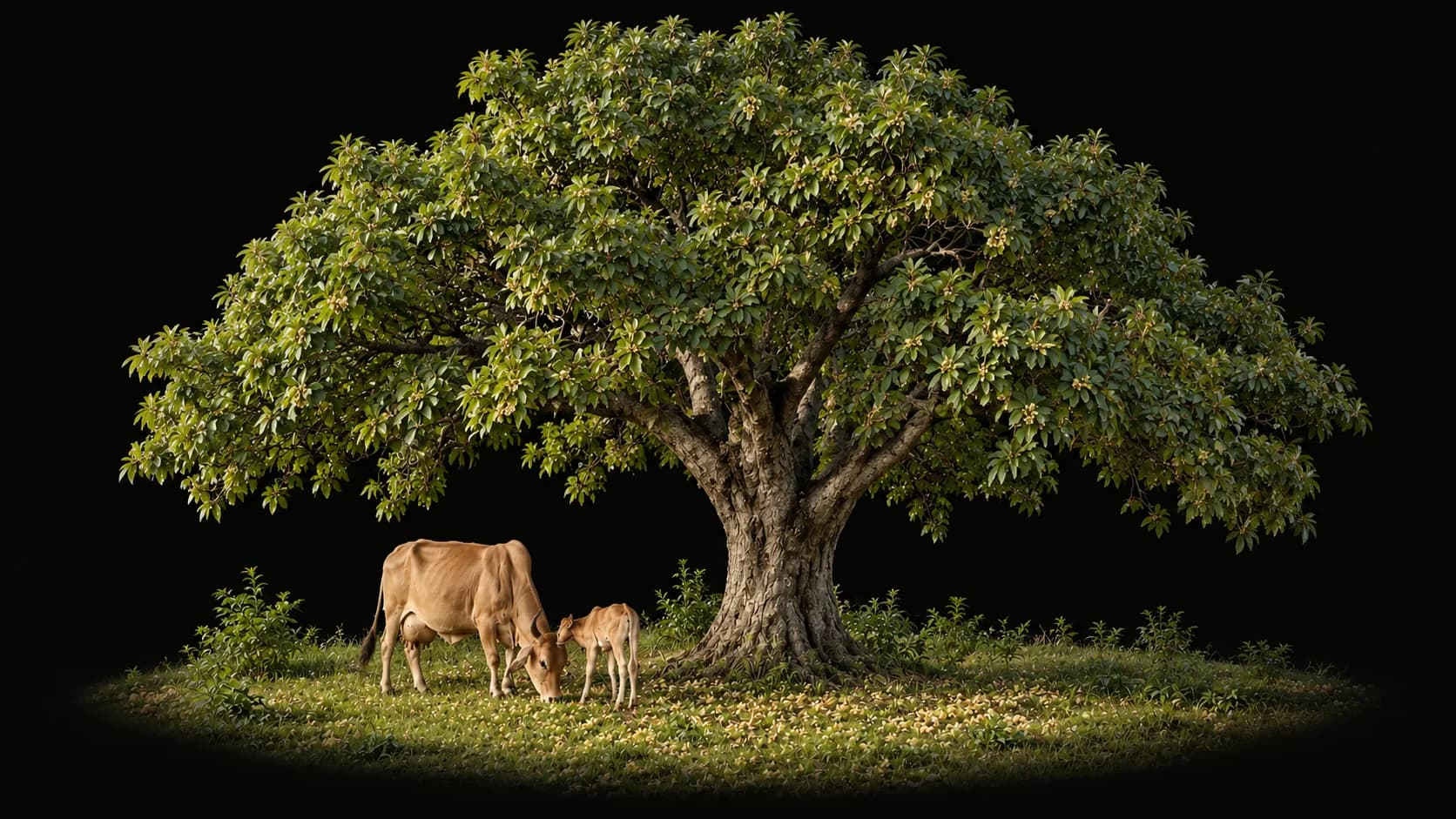 Realistic generated artwork of a mature mahua tree with natural branching and textured bark beside a grazing cow and calf