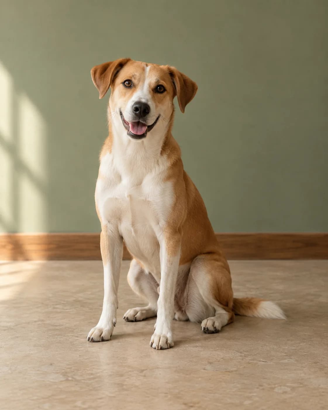 Illustrative portrait of a relaxed tan-and-white dog sitting against a sage-green backdrop